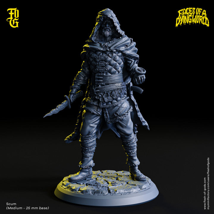 Scum rogue character in hooded cloak, holding daggers, posed menacingly on a 25mm base.