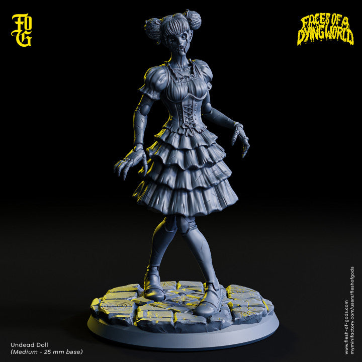 Undead Doll in a tattered dress standing on a stone-like base, posed with cracked face and eerie stance.