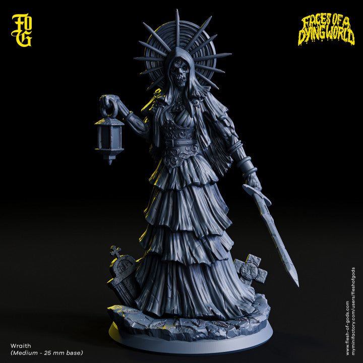 Wraith holding a lantern and sword, wearing layered robes, standing among gravestones on a 25mm base.