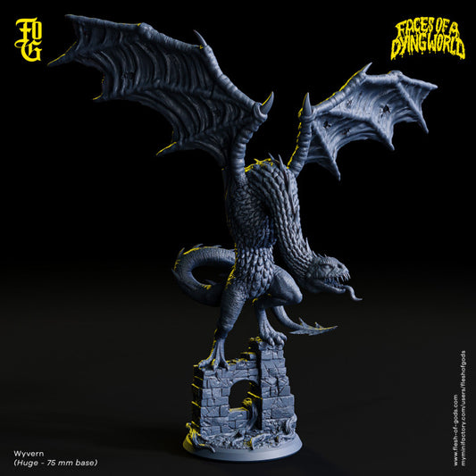 Wyvern perched on a ruined stone archway, wings spread wide, standing on a 75mm base.