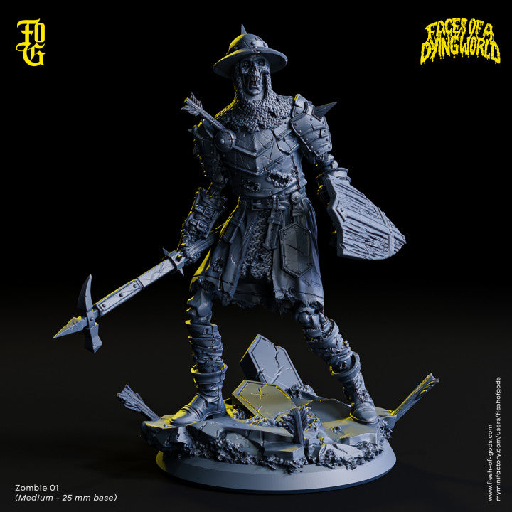 Zombie 02 figure with medieval armor and a sword, posed advancing forward.