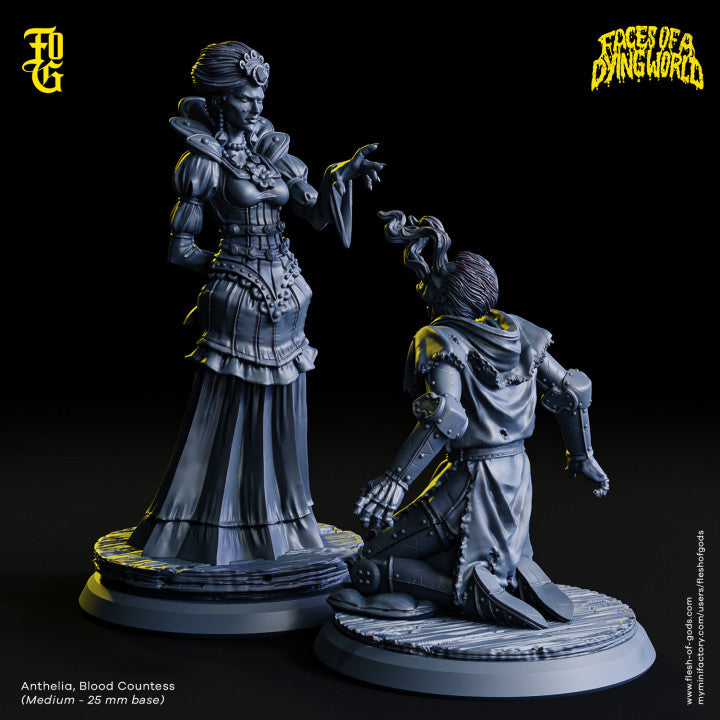 A noble vampire countess standing over a kneeling figure, exuding elegance and power. Suitable for Vampire: The Masquerade or Dungeons & Dragons.