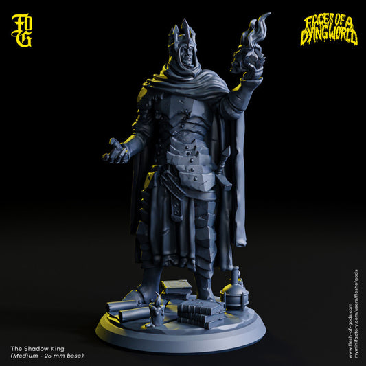 A male figure in dark armor with a crown, holding a flame in one hand and standing among books and candles. Ideal for use in Dungeons & Dragons or Warhammer Fantasy.