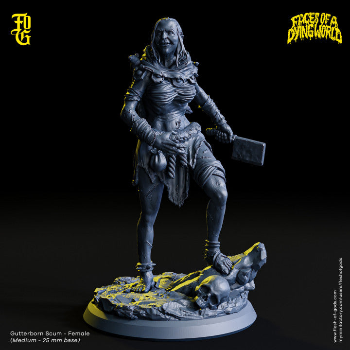 Female Gutterborn Scum holding a cleaver, wearing tattered clothing, standing on a rocky base with skulls.