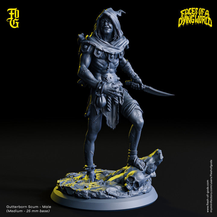 Male Gutterborn Scum holding a dagger, wearing ragged clothes, standing on a rocky base with skulls