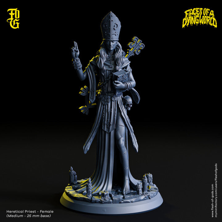 Female priest figure in ceremonial robes, holding a book and staff, giving a blessing gesture, on a 25mm base.