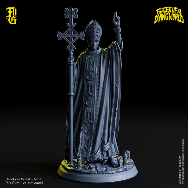 Male priest figure standing in robes with a staff, making a benediction gesture, depicted on a 25mm base.