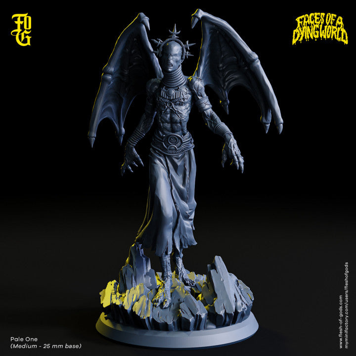 A demonic, winged figure standing on jagged rocks, designed for use in tabletop RPGs like Pathfinder and Dungeons & Dragons.