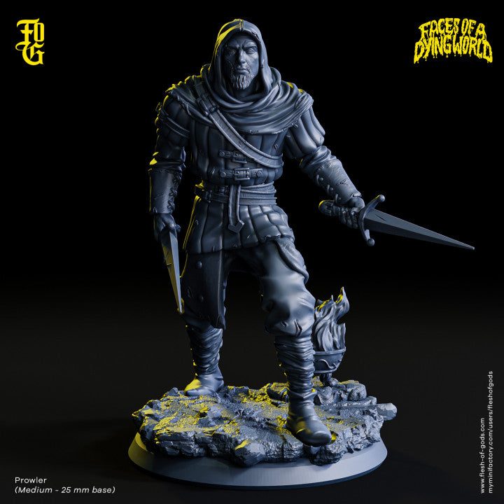 A hooded figure armed with dual daggers, standing on a rugged base, perfect for use in Pathfinder or Dungeons & Dragons games.