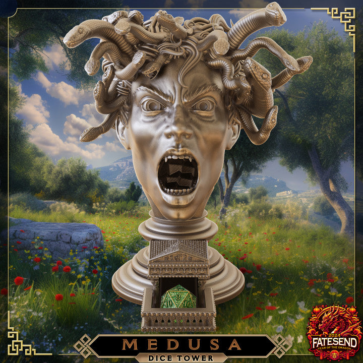 Medusa Dice Tower miniature depicting a detailed bust with snake hair and an open mouth for rolling dice.