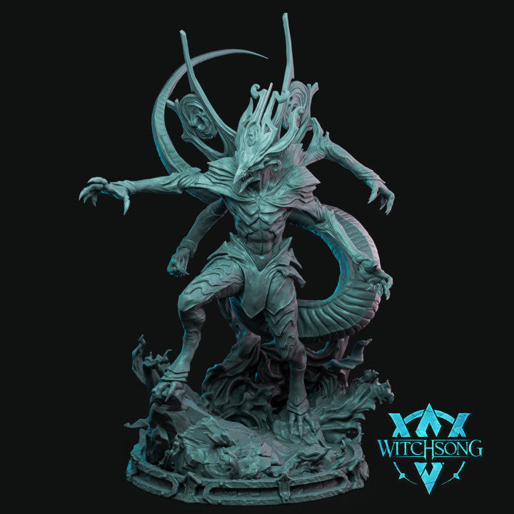 A detailed full-figure miniature of Mek'herot, Prince of the Abyss, with a serpentine body, twisted horns, and a fierce pose. Suitable for TTRPG games such as Dungeons & Dragons and Pathfinder.