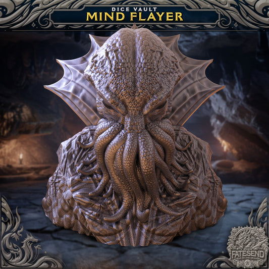 The Mind Flayer Dice Vault displayed in a cave-like setting, highlighting its eldritch features and functionality.