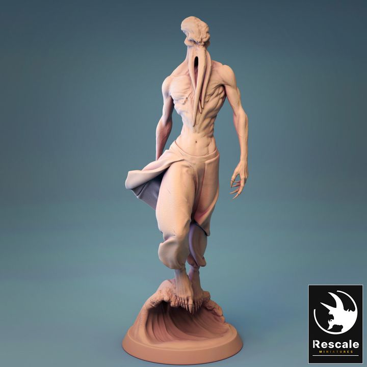 Mind Flayer miniature known as "Slayer of the Sea," with a muscular build, tentacled head, and dynamic pose, standing on a rocky base.