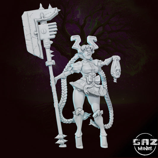 Sailor Khorn, a warrior with twisted horns, wielding an oversized battle axe and holding a severed head, depicted in a detailed miniature that blends magical girl style with dark fantasy.