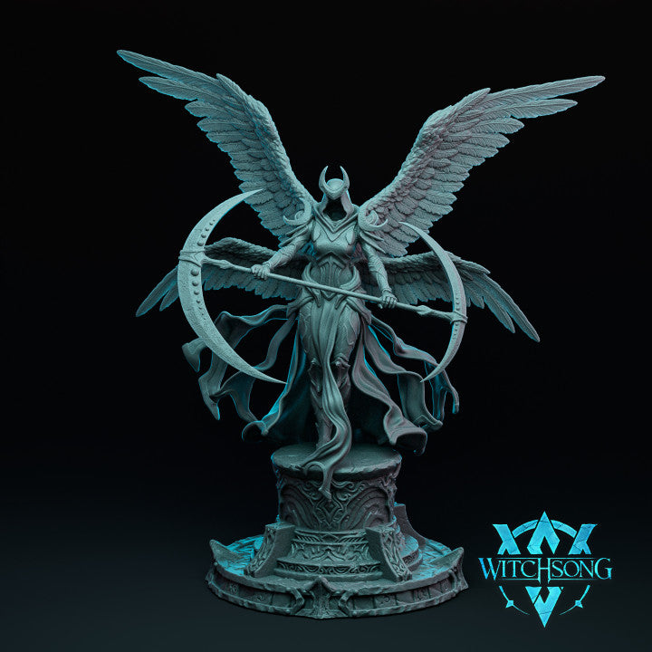 Moonlight Seraph miniature from Witchsong, depicted as a celestial warrior with large wings, flowing robes, and a massive scythe, standing on a themed base with ethereal elements.