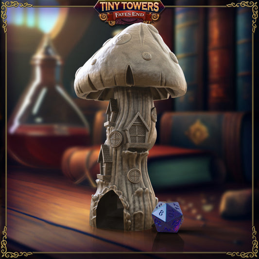 Mushroom Manor Dice Tower shaped like a large mushroom with tiny houses built into its stalk. Ideal for use in tabletop RPGs like Dungeons and Dragons or Pathfinder.