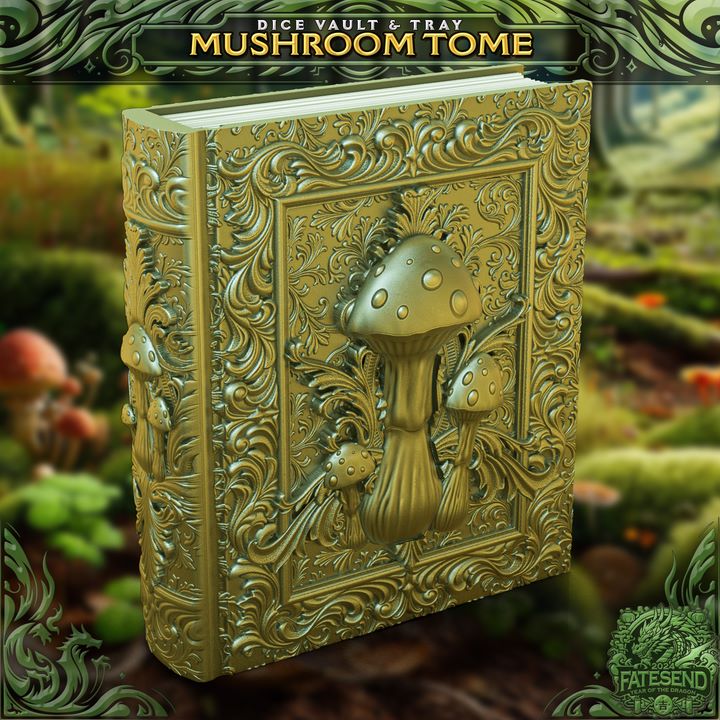 Mushroom Tome Dice Vault and Rolling Tray miniature shaped like a book, featuring intricate mushroom designs on the cover. Ideal for use in fantasy RPGs such as Dungeons and Dragons or Pathfinder.