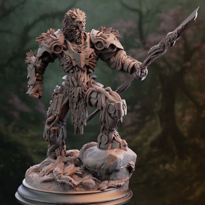 Warforged Druid Myrion Stoneheart miniature for Dungeons and Dragons and TTRPGs, blending nature and technology on a forest-themed base