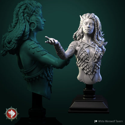 Bust of Nala Dragon Lordess with detailed armor and raised hand, fantasy spellcaster bust for D&D, Pathfinder, Warhammer.
