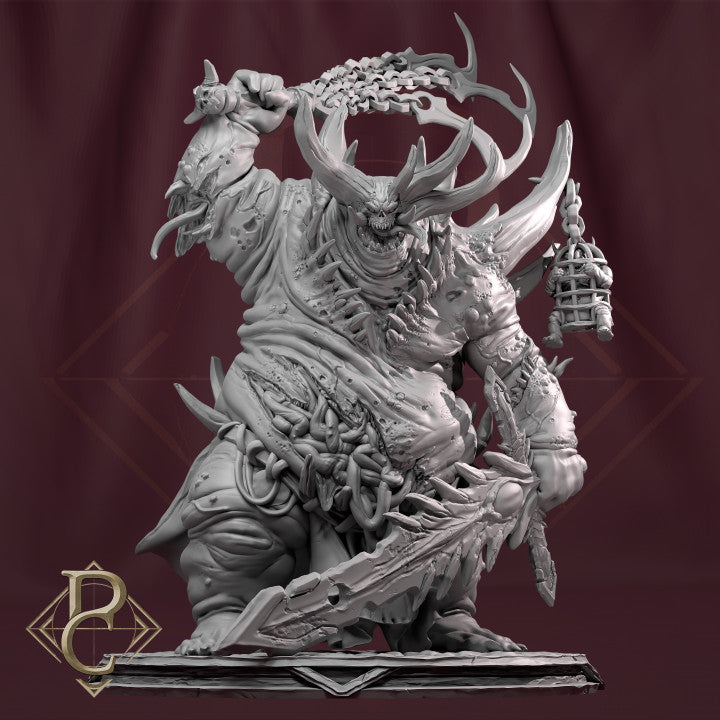 Avatar miniature showing a monstrous demon with a spiked head, holding a chained whip and a large sword, suitable for use in fantasy tabletop RPGs like Dungeons & Dragons.