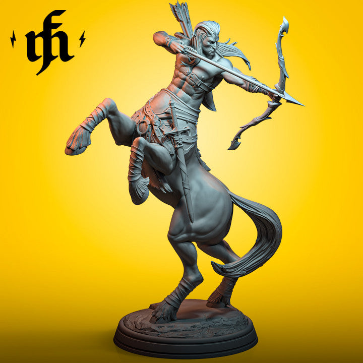 3D-printed Nicoros, The Green Stampede miniature, depicting a centaur archer in mid-gallop with a drawn bow, designed for TTRPGs like Dungeons and Dragons and Pathfinder.