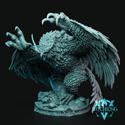 The Night Beast miniature showing a winged avian creature with outstretched claws and a fierce expression, its feathers intricately detailed and powerful wings raised in a threatening pose. The bust version displays the creature's head and upper body, highlighting its piercing eyes and feathered features.