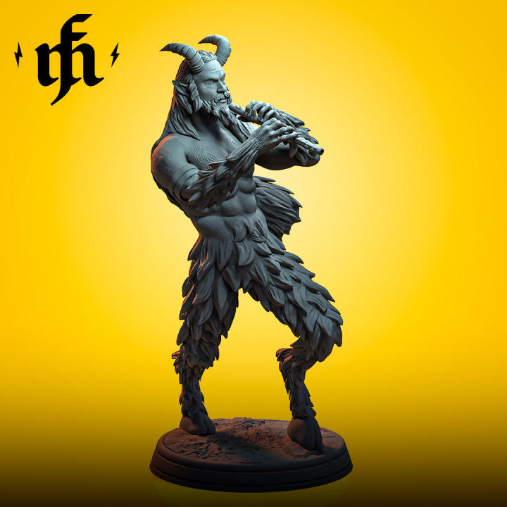 Nux, a faun-like figure with goat legs and horns, playing a pan flute.