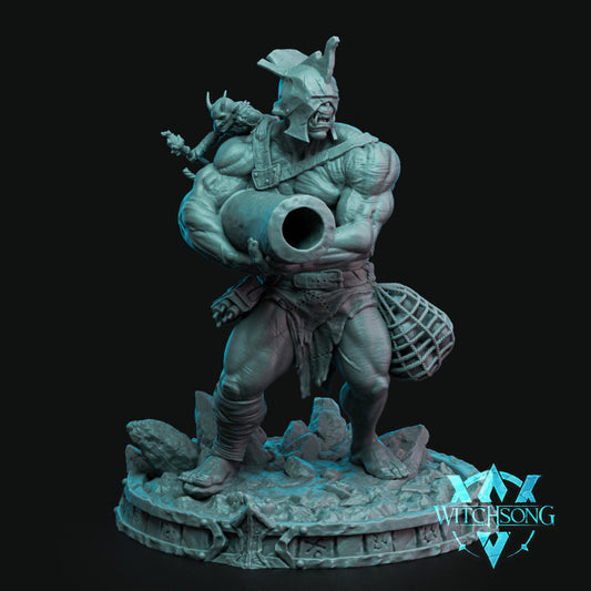 A muscular ogre mortar specialist holding a large mortar, wearing a helmet with a goblin companion on his shoulder, standing on a rocky base.