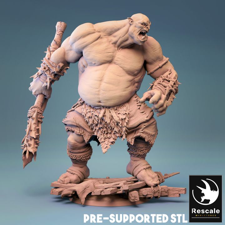 Ogre miniature depicted as a towering, muscular giant with ragged clothing and a massive spiked club, standing on a wooden platform, roaring in rage and ready to crush its enemies.