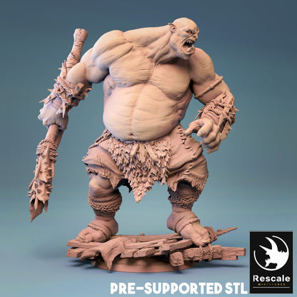 Ogre miniature depicted as a towering, muscular giant with ragged clothing and a massive spiked club, standing on a wooden platform, roaring in rage and ready to crush its enemies.