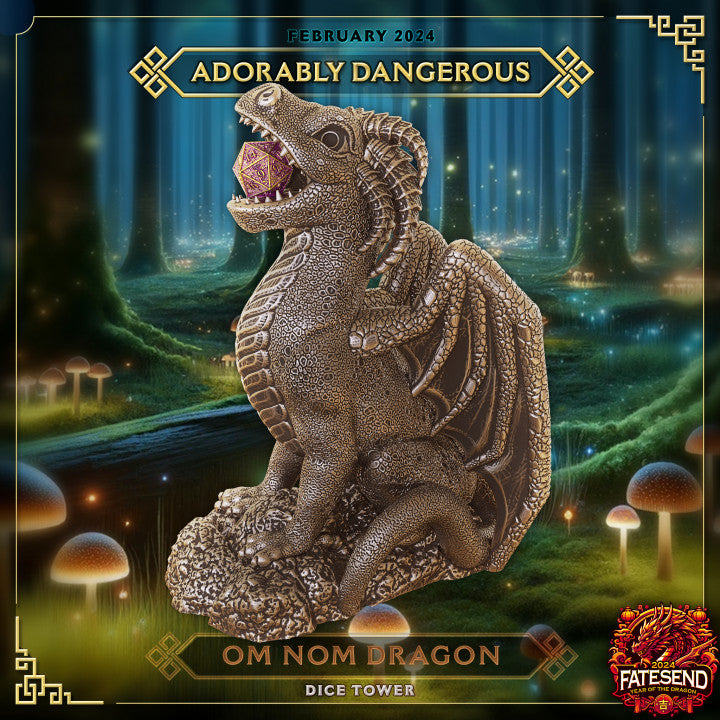 Om Nom Dragon Dice Tower with a cute dragon design, featuring an open mouth holding a dice, set against a mystical forest background.