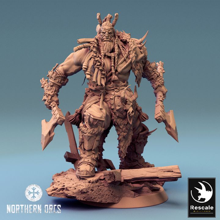 Orc King Azhrog in a standing pose with dual axes, wearing heavy armor.