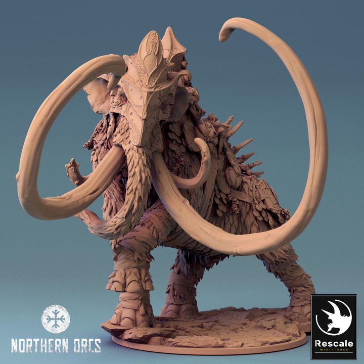 Figurine of Mammoth Frost Mantus with elaborate tusks and armored orc rider.