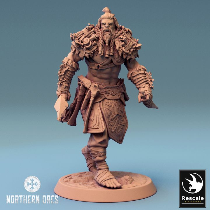 Orc Soldier Dagger walking with dagger and spear, determined stance, fantasy tabletop RPG miniature.