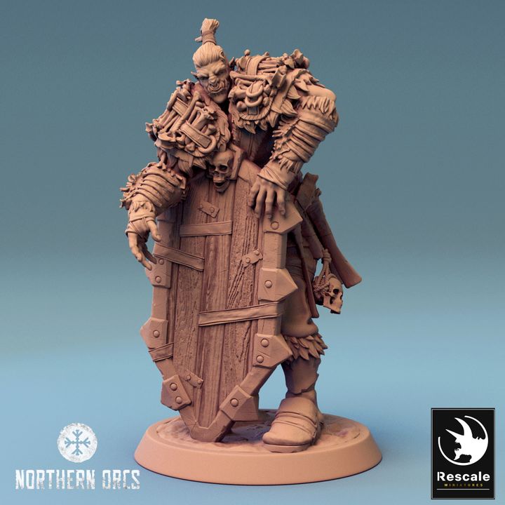 Orc Guard, Northern Orcs collection, wielding what looks like the door to his house as a shield. Ideal for Warhammer Fantasy or Pathfinder—defense starts at home!