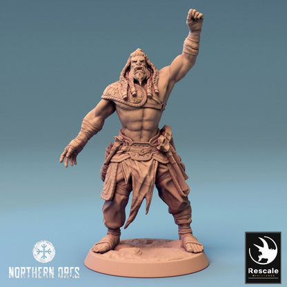 Orc Commander, Northern Orcs collection, raising his fist—rumor has it he's still upset that they ran out of ale. Great for leading armies in TTRPGs like Dungeons & Dragons or Pathfinder.