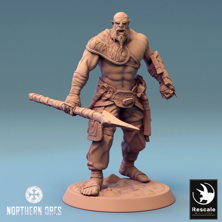 Orc warrior standing with spear and shield, sporting armor and fierce expression.