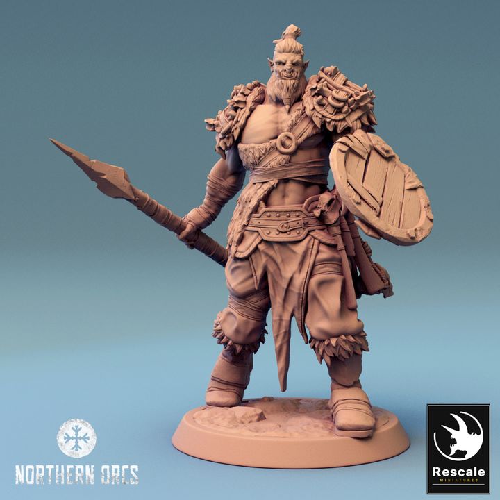 Orc warrior striding forward, holding a spear and shield, poised for combat.