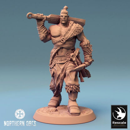 Orc Soldier miniature casually holding a huge sword over his shoulder. Perfect for Dungeons & Dragons, this Orc looks relaxed—because nothing says "chill" quite like carrying a weapon taller than you.