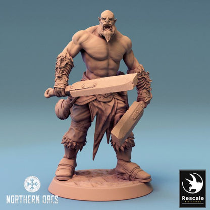 Orc Soldier miniature walking forward, wielding a massive sword in each hand. Ready for TTRPG games like Pathfinder, this Orc’s stride says, “Why take shortcuts when you can cut your enemies instead?”