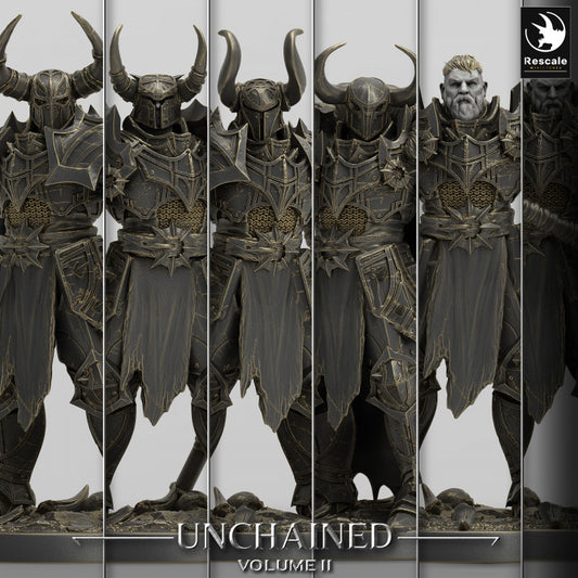 Collage of Unchained Commanders feature heavily armored warriors with menacing weapons such as swords and hammers.