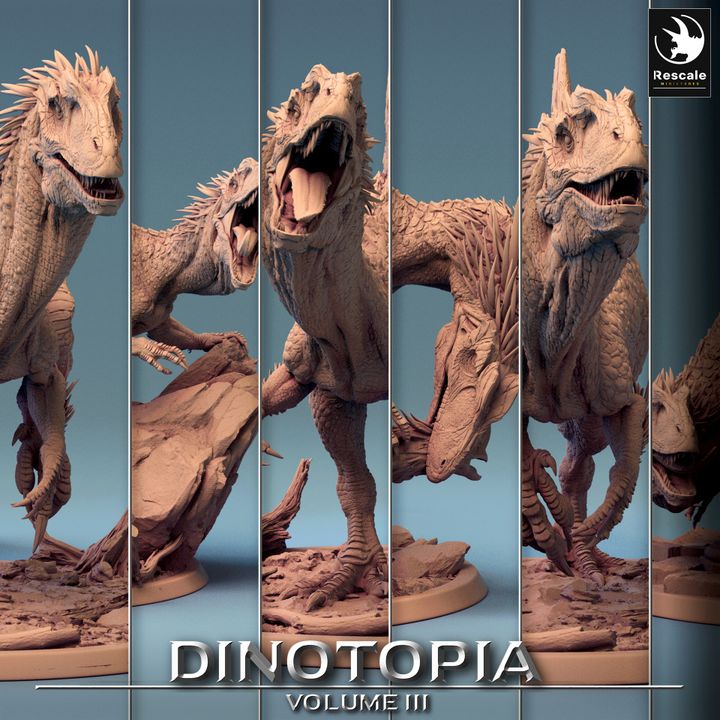 Dinotopia Volume III showcases a dynamic series of Concavenator figurines, each captured in different fierce poses, with their sharp teeth and powerful claws accentuating their aggressive nature. Perfect for tabletop RPGs like Pathfinder, Dungeons and Dragons, and other fantasy adventures.