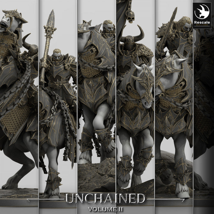 A collection of heavily armored warhorses with their riders, showcasing intricate detailing and weaponry, suitable for dark fantasy tabletop RPGs.