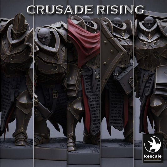 Close-up lineup of Crusade Rising Templars in full plate armor, showcasing their detailed design and battle-ready stance.