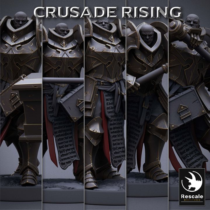 A group of templar warriors in heavy armor, each wielding a giant hammer and standing in formation, ready for battle.