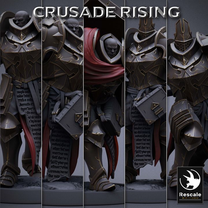 A set of crusader knights in various poses, including commanding, attacking, and defensive stances. Perfect for large-scale battles in TTRPGs like Warhammer or Dungeons & Dragons.