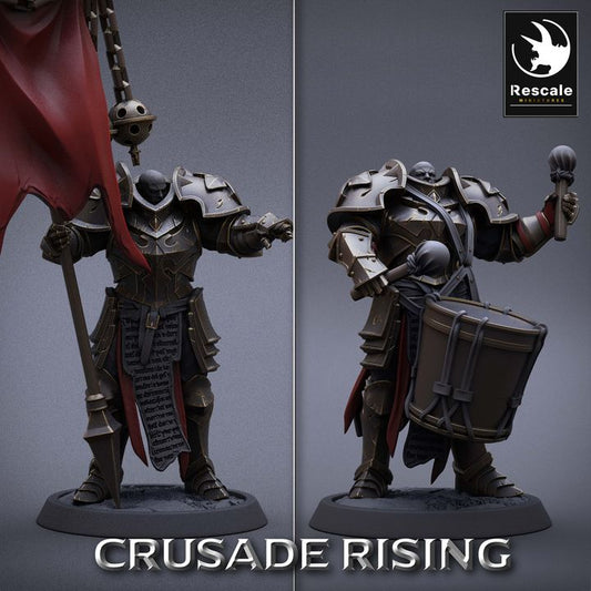 Pair of Templar Support units, featuring a banner bearer and a drummer in full armor.