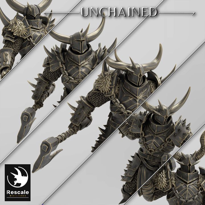 Collage of the Light Dual Axe Soldiers stand ready for battle in various dynamic poses, wearing heavy armor adorned with spikes. 