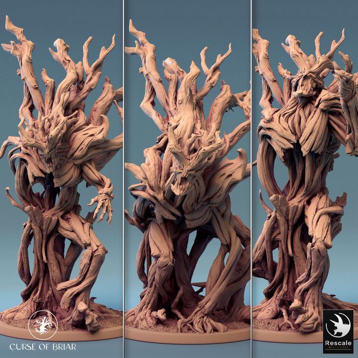 Collage of the Lignar treant in three distinct poses from the Curse of Briar series, showcasing various expressive branch formations and powerful stances suitable for dark fantasy tabletop RPG settings.