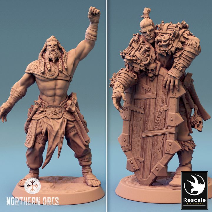 Orc Soldiers, Northern Orcs collection, featuring the Guard with his oversized 'shield' and the Commander yelling about missing provisions. Perfect for any TTRPG where orcish charm and snack-related grievances come into play.